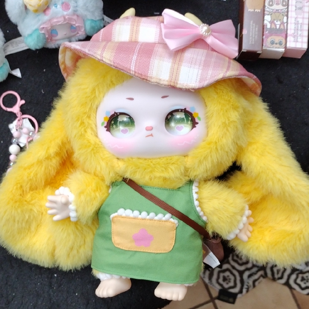 Yellow Plush Doll with Green Outfit and Pink Hat - Picture 1 of 3